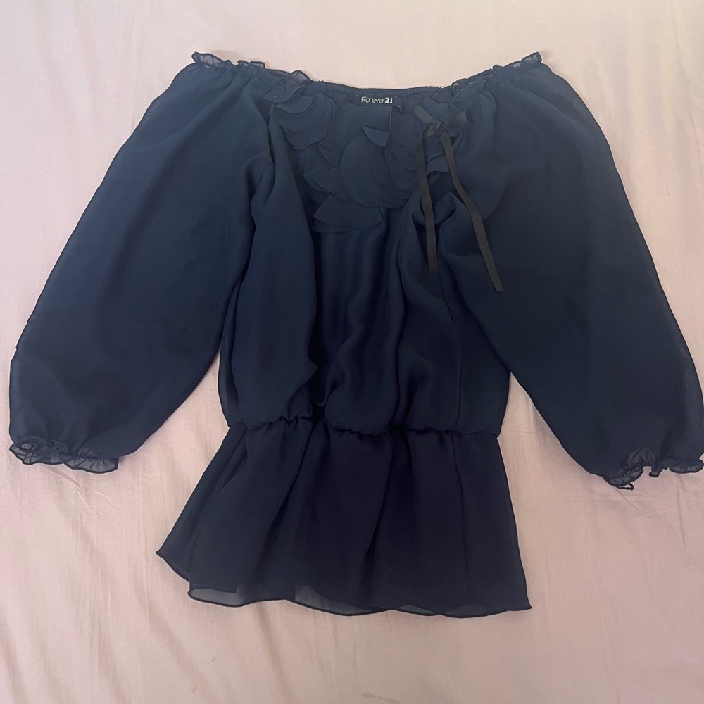 Forever 21 Midnight Blue Ruffle Bow Off-Shoulder Blouse